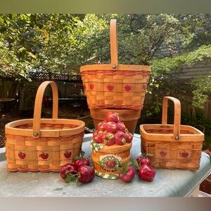 VTG Fall Harvest Apple Basket Ceramic Canister & 3 Apple Baskets With Handles